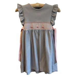 Southern Smocked Co. Blue Striped Dress Girl's 6‎ Bunny Tails Flutter Sleeve